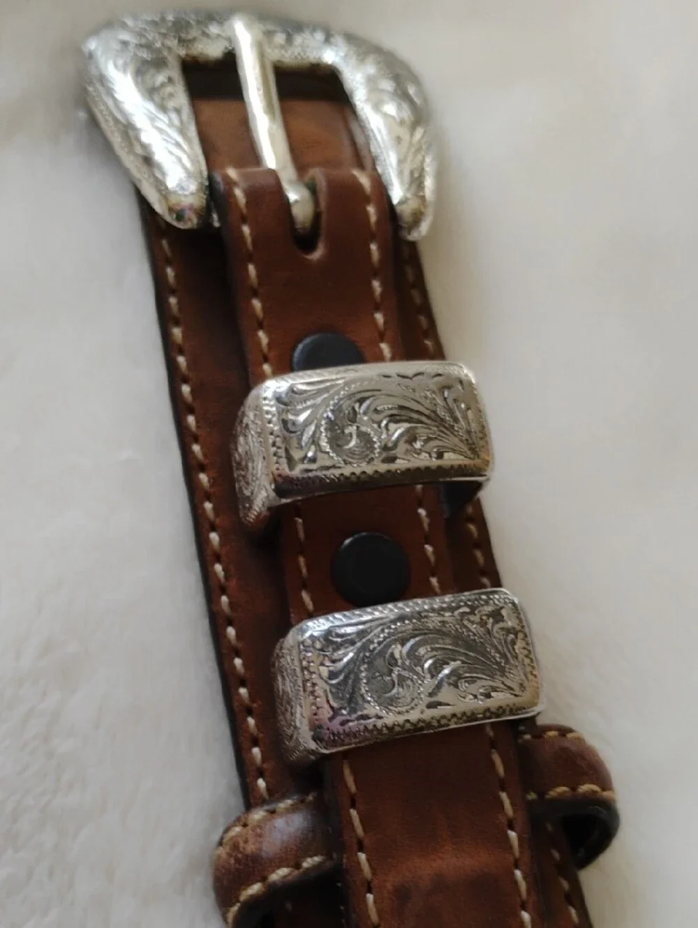 Women's Western  Leather Belt with Silver Look Conchos and Cream Braided Accents